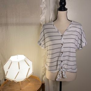 Paper Crane Waffle‎ Knit Tie Front Short Sleeve Striped Buttoned Top Size Small